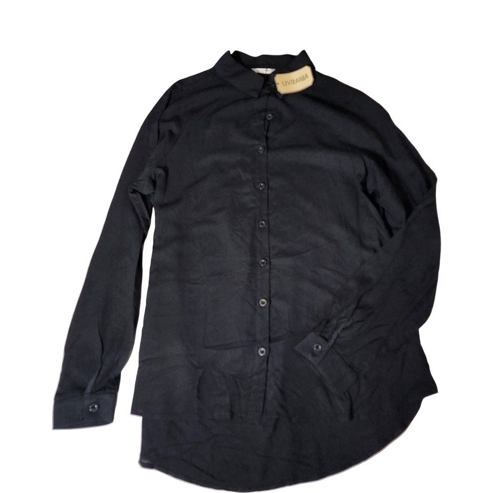 LIVRANIA Black‎ Viscose Long Sleeve Button Down Shirt Collared High-Low Top Med